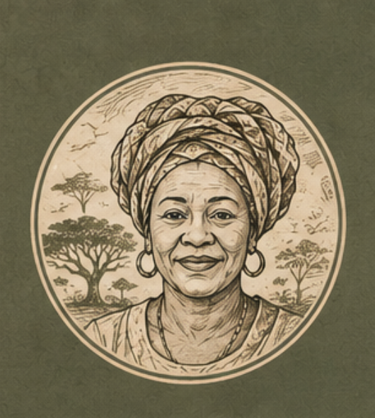 Portrait illustré de Mama Lina entourée d’arbres